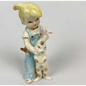 Vintage Ucagco Japan Porcelain Figurine Boy Holding Large Rabbit 6-1/2" Tall